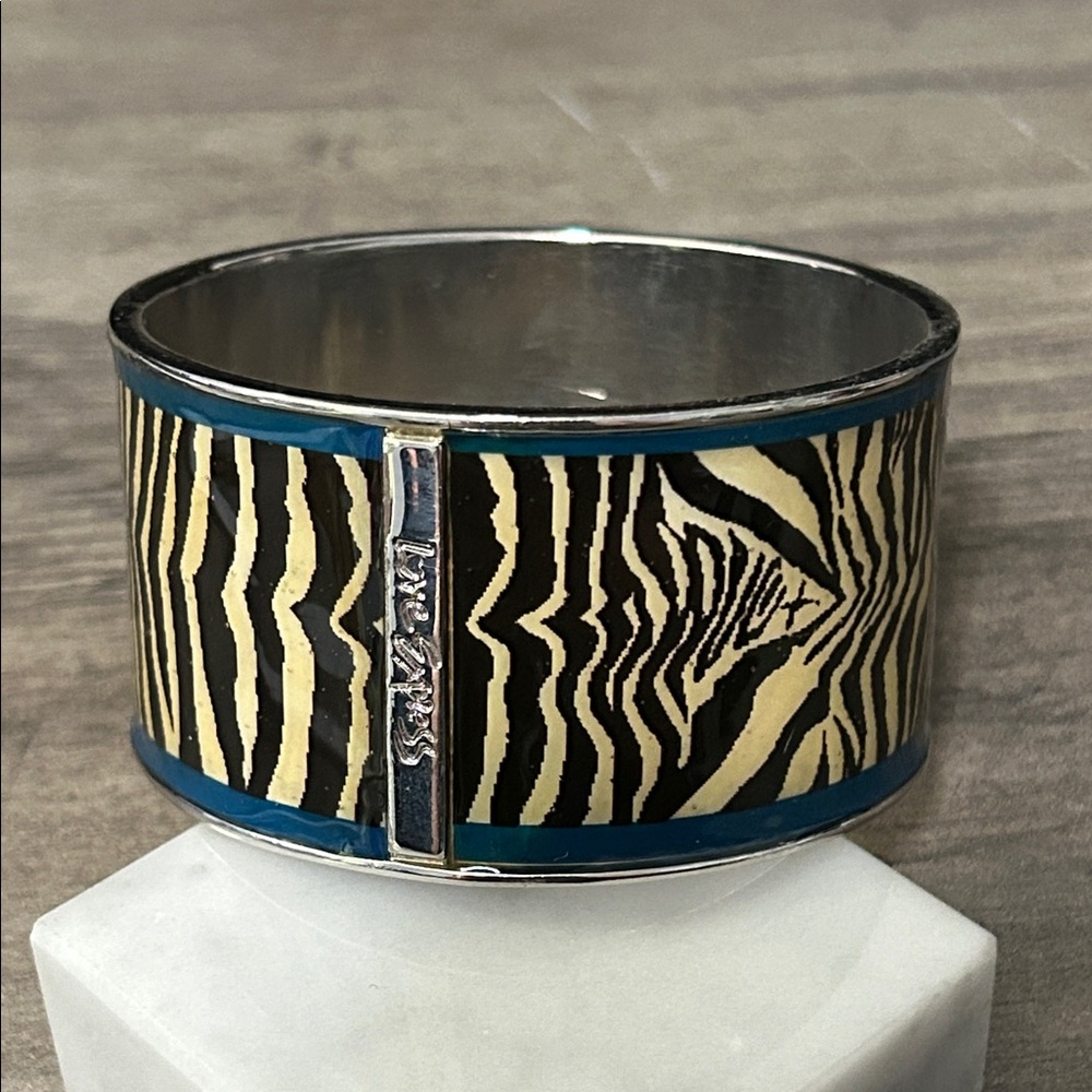 Love Express Wide Bangle Zebra tan black teal enamel #F26 size 7.75